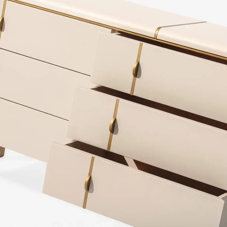 Elegant Carpanese Home Althea D dresser in pale beige with satin sheen and galvanic gold metal inlay detailing