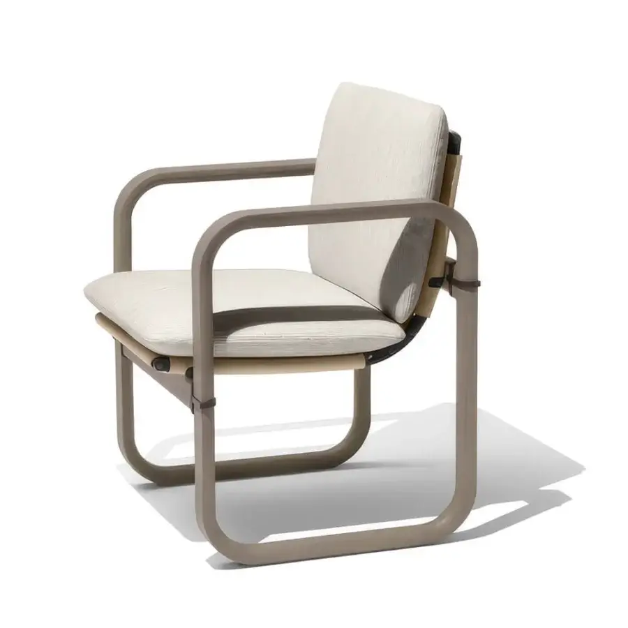 Distinguished Giorgetti Loop armchair with sculpted lines, carob aluminum details and light textured waterproof fabric upholstery