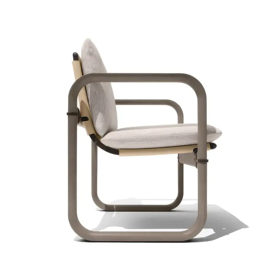 Elegant Giorgetti Loop armchair with fluid sculpted lines, gray water-polished ash wood and textured gray Eva rubber seat