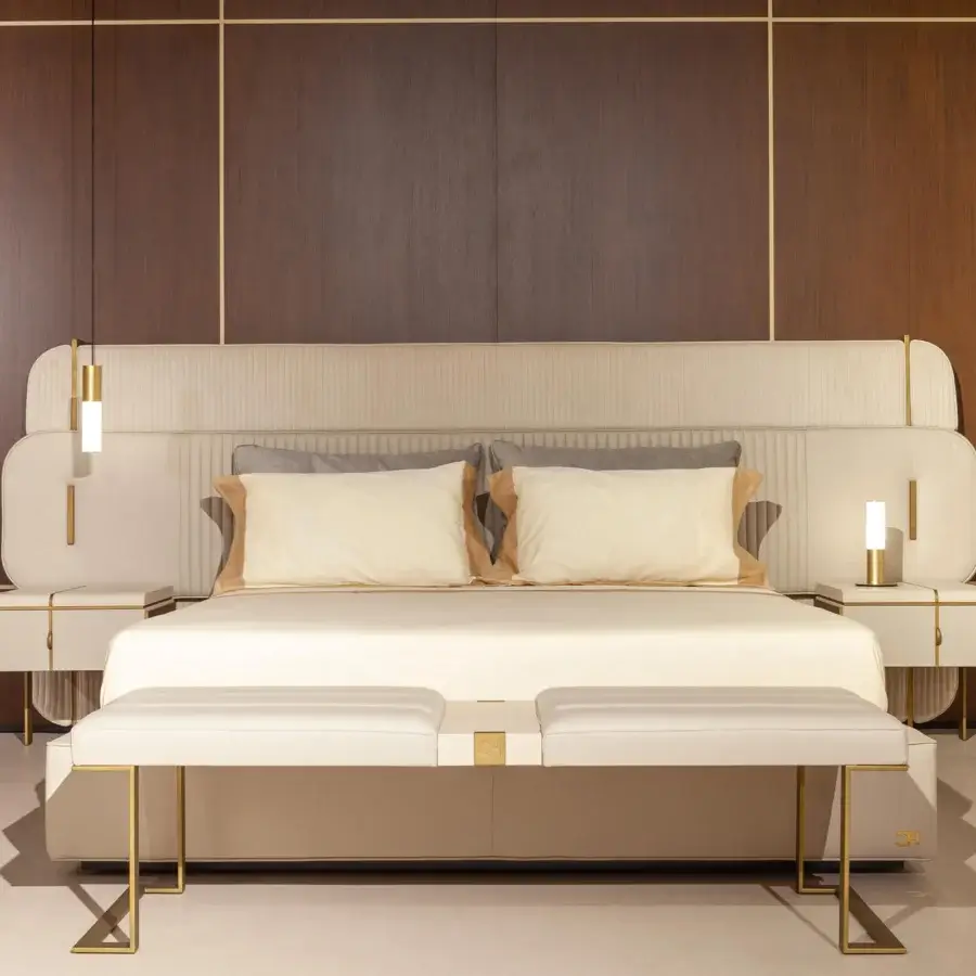 Refined Carpanese Home Althea N nightstand crafted in light textile with satin brass metal and soft econabuk drawer lining