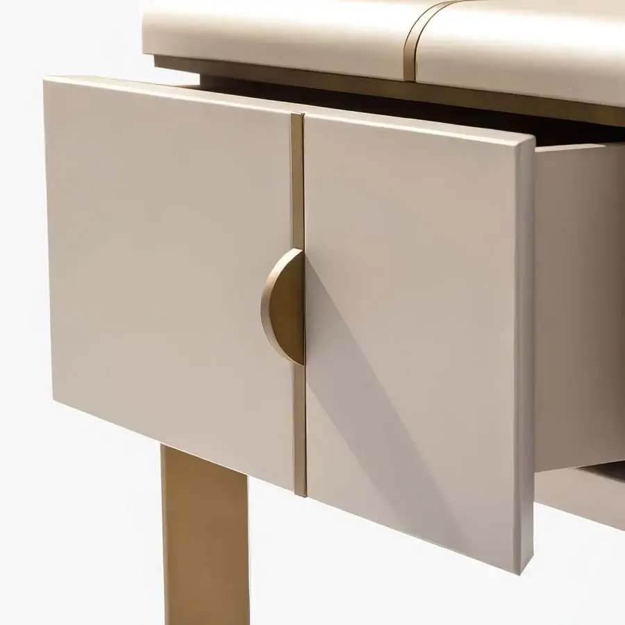 Distinguished Carpanese Home Althea N nightstand crafted in wood with satin brass inlay and soft econabuk lining with matte finish