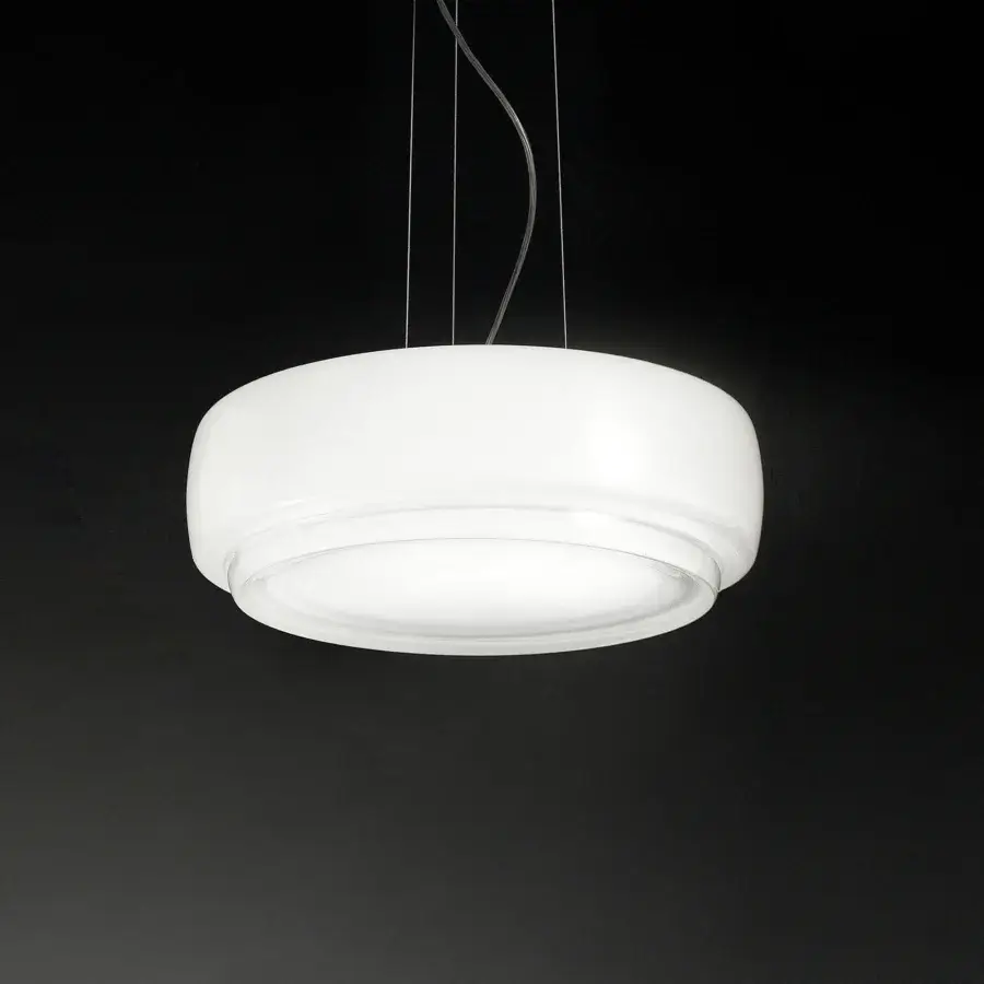 Elegant Vistosi Bot suspension lamp crafted in glossy white glass offering diffused illumination with a broadly circular silhouette