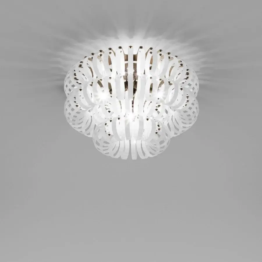 Exceptional Vistosi Ecos ceiling lamp crafted in bright white hand-blown Murano glass with a rigadin texture and spherical form
