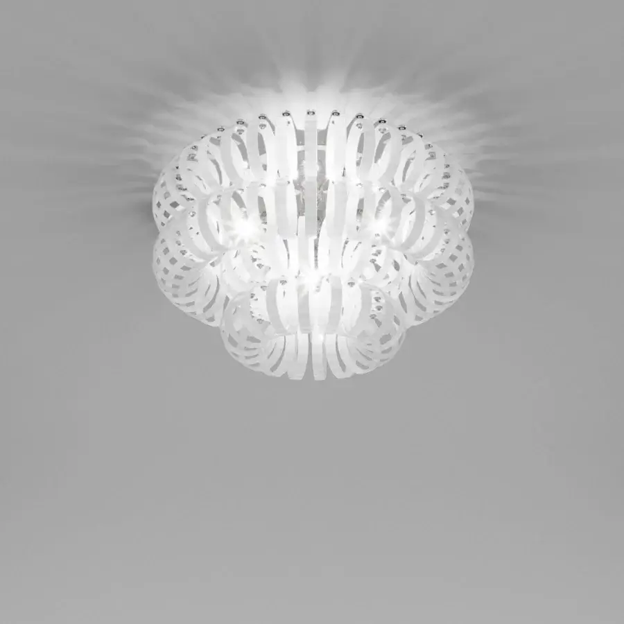Superior Vistosi Ecos ceiling lamp crafted in white Murano glass with a rigadin texture and spherical form