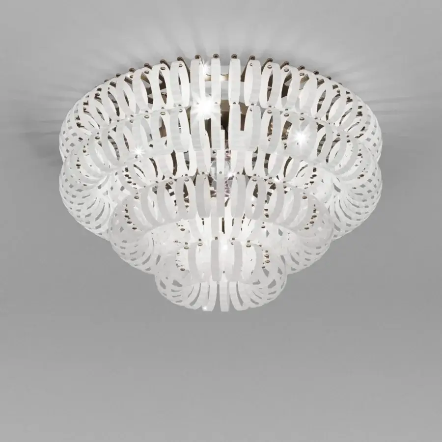 Superior Vistosi Ecos ceiling lamp crafted in bright white hand-blown Murano glass with rigadin texture