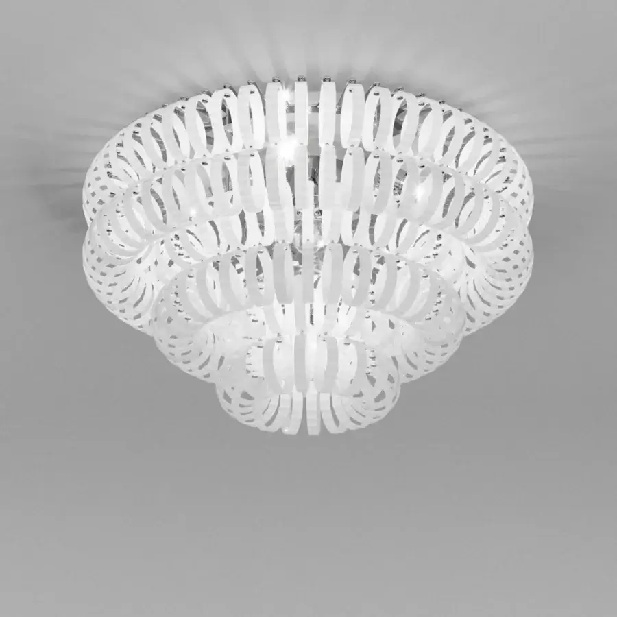 Exclusive Vistosi Ecos ceiling lamp crafted in bright white hand-blown Murano glass with a rigadin finish