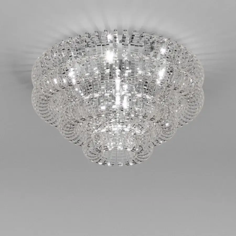 Distinguished Vistosi Ecos ceiling lamp crafted in clear hand-blown Murano glass with a signature rigadin texture