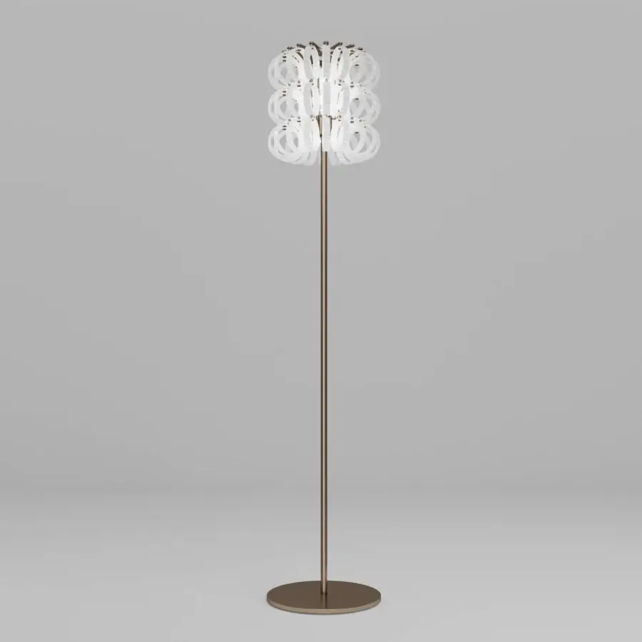 Superior Vistosi Ecos floor lamp crafted in translucent white hand-blown Murano glass with a warm golden-brown metal finish