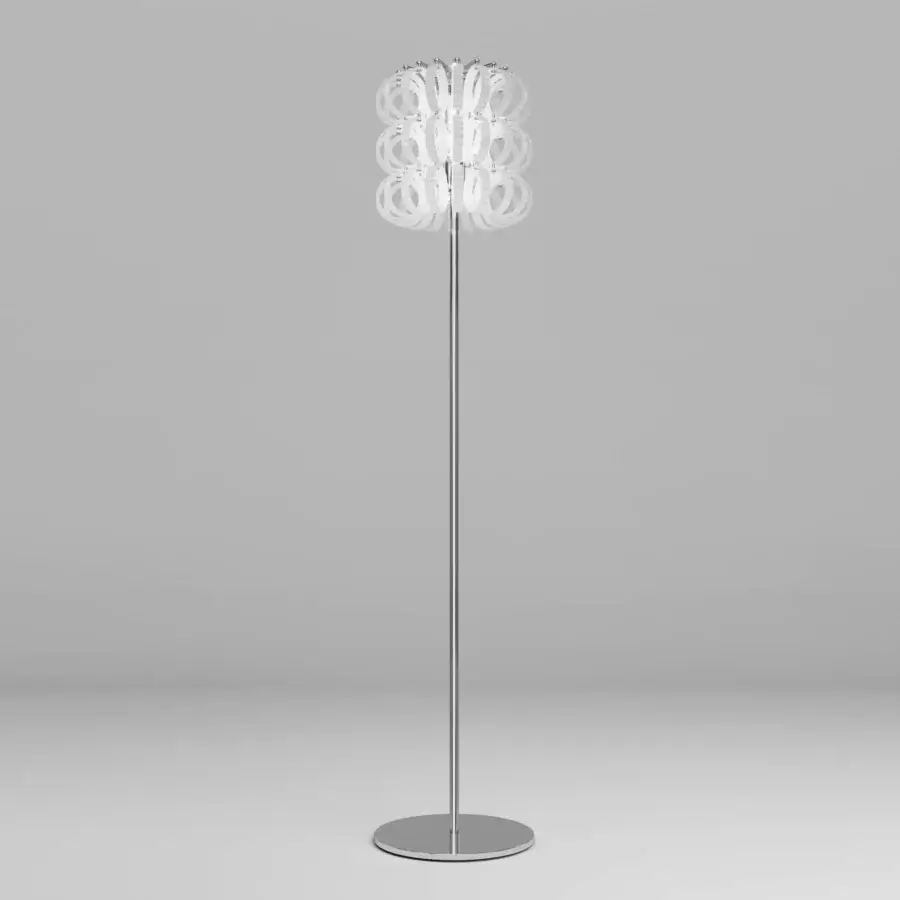 Elegant Vistosi Ecos floor lamp crafted in polished metal with clear hand-blown Murano glass featuring a rigadin texture