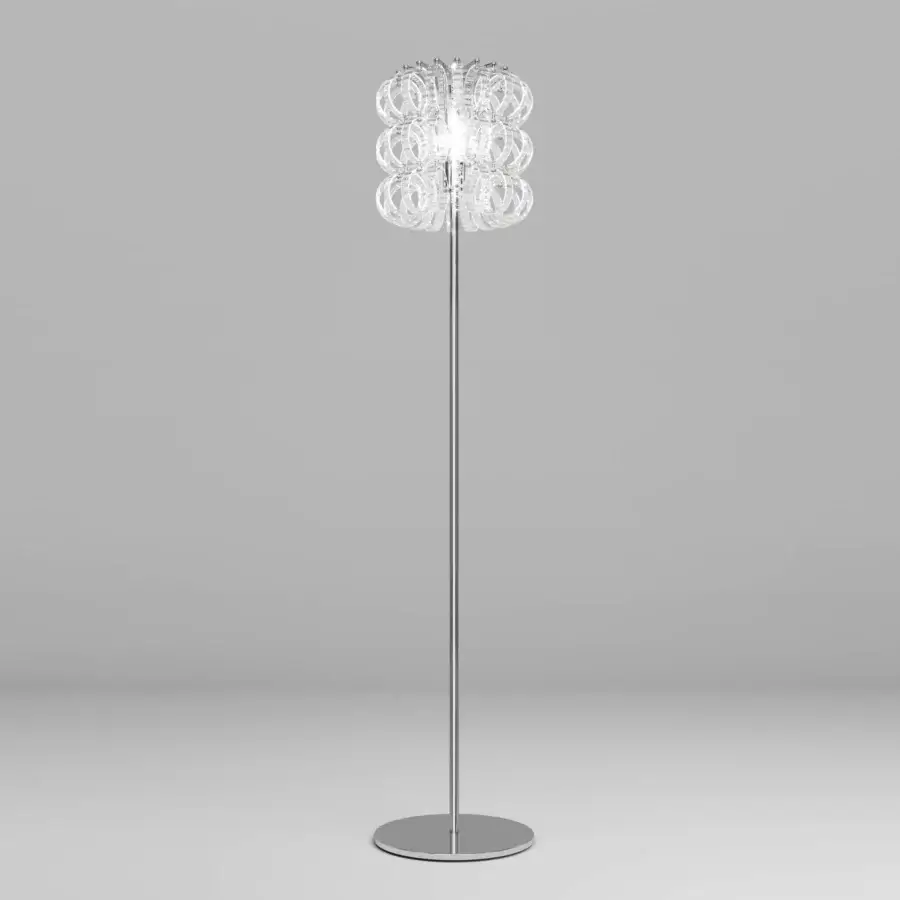 Distinguished Vistosi Ecos floor lamp crafted in polished silver metal with hand-blown Murano glass rings and rigadin finish