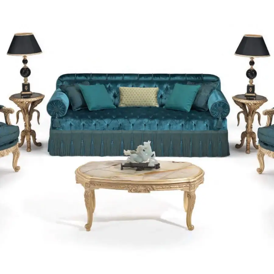 Distinguished Armando Rho A1327 sofa built with teal textile, lighter teal and cream cushions, plus ornate gold-toned wood detailing
