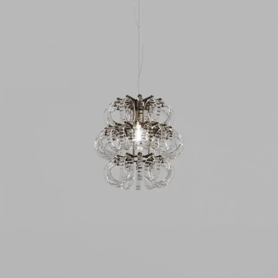 Distinguished Vistosi Ecos suspension lamp crafted in clear hand-blown Murano glass rings with a polished glossy metallic core