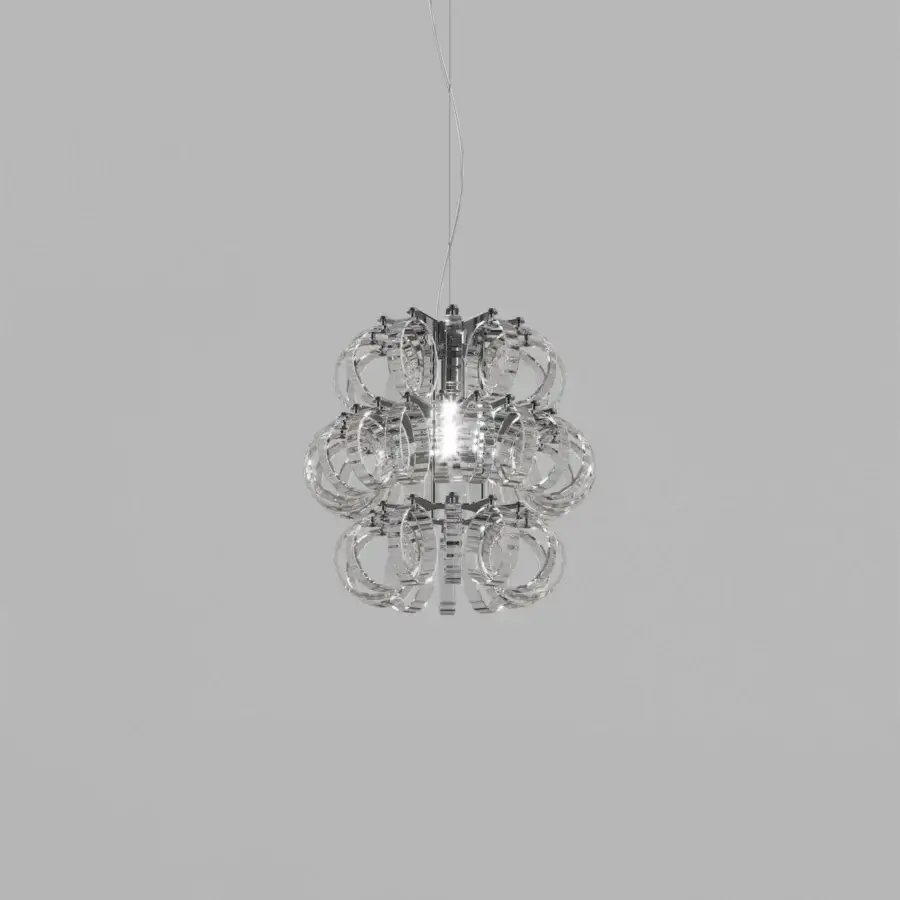Luxury Vistosi Ecos suspension lamp crafted in clear hand-blown Murano glass rings with polished chrome finish