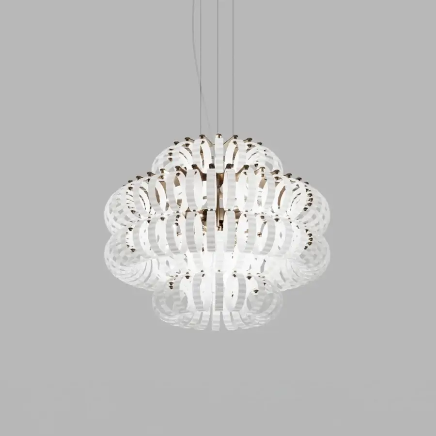 Distinguished Vistosi Ecos suspension lamp crafted in translucent white hand-blown Murano glass with a gold-toned metallic core and rigadin finish