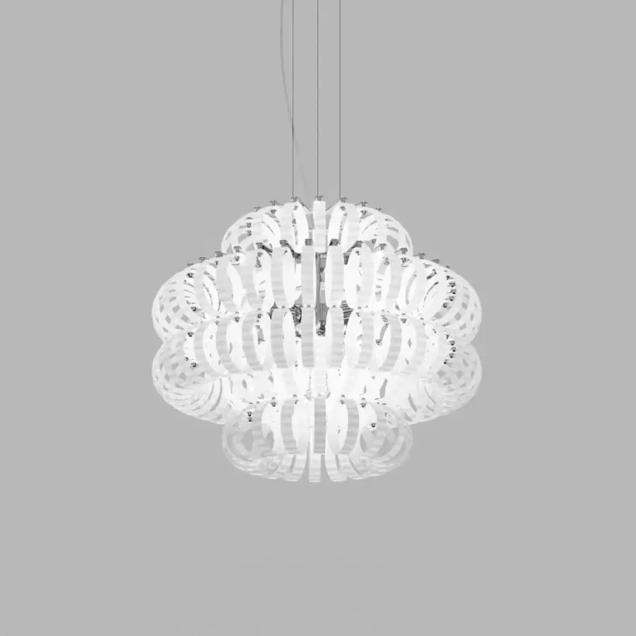 Exceptional Vistosi Ecos suspension lamp crafted in white hand-blown Murano glass with rigadin texture and fluid lines