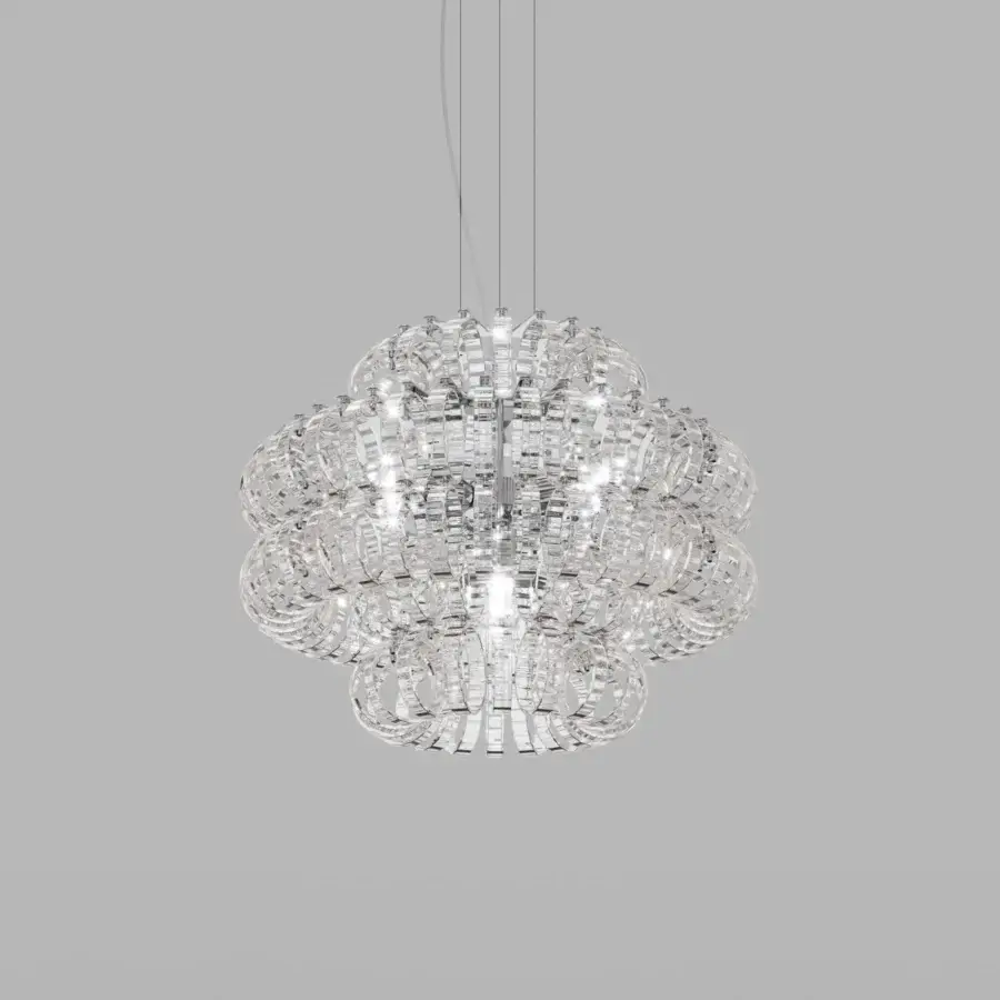 Superior Vistosi Ecos suspension lamp crafted in clear hand-blown Murano glass with a glossy rigadin texture
