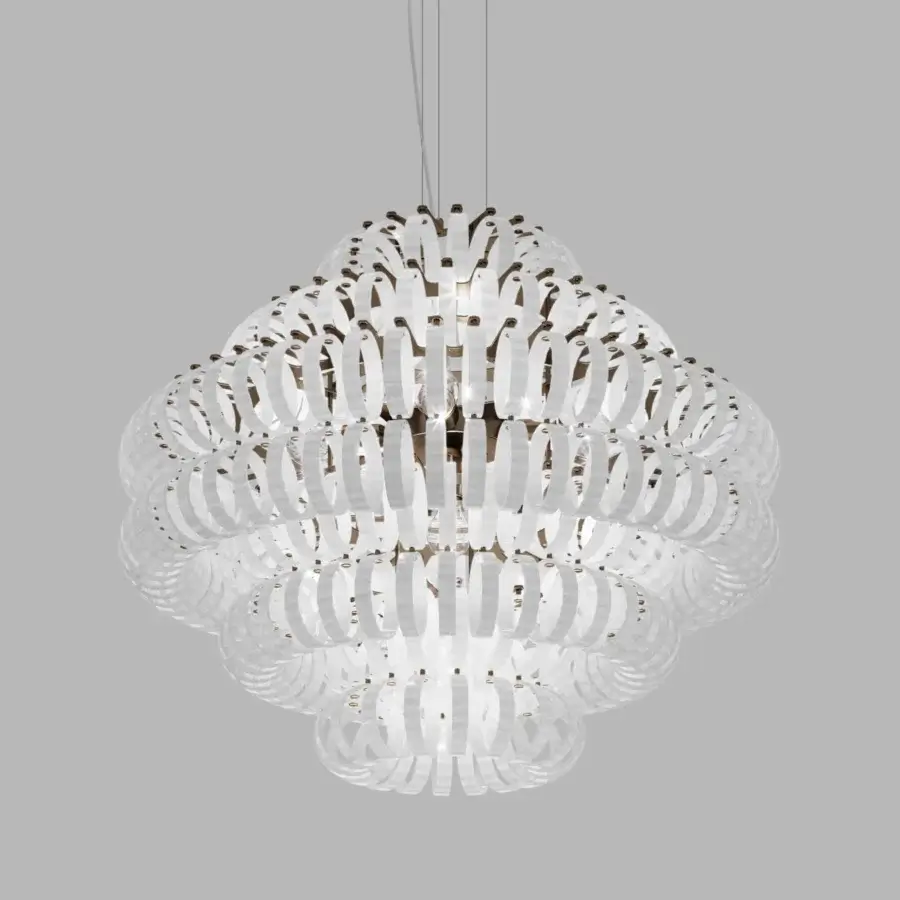 Luxury Vistosi Ecos suspension lamp crafted in clear hand-blown Murano glass with rigadin texture and spherical form
