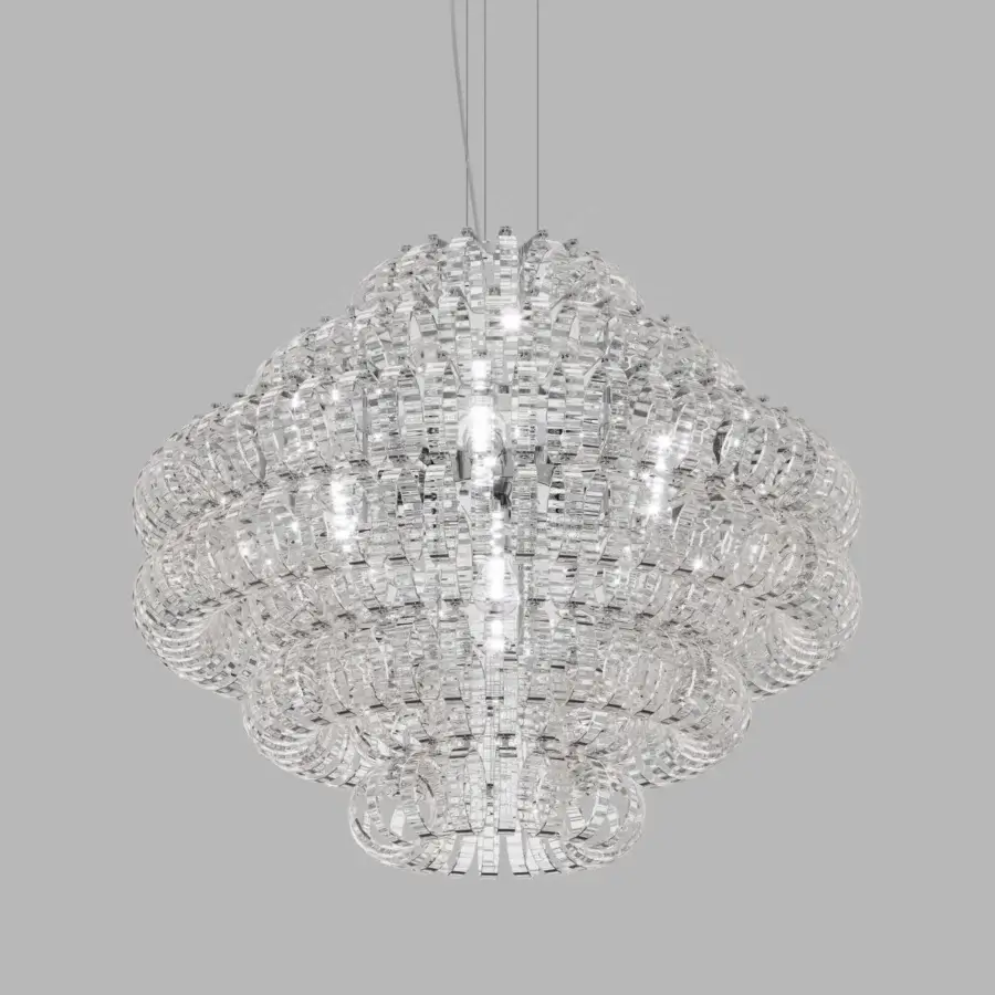 Distinguished Vistosi Ecos suspension lamp crafted in clear hand-blown Murano glass with a glossy, rigadin textured finish