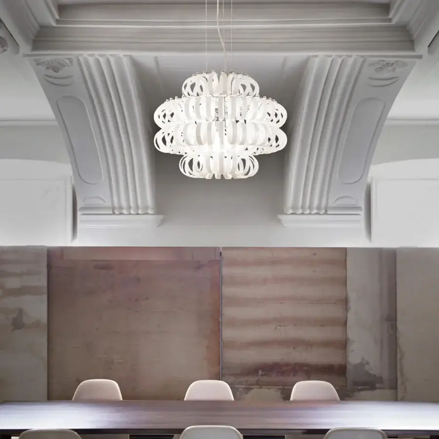 Elegant Vistosi Ecos suspension lamp crafted in white hand-blown Murano glass with a subtly textured rigadin finish