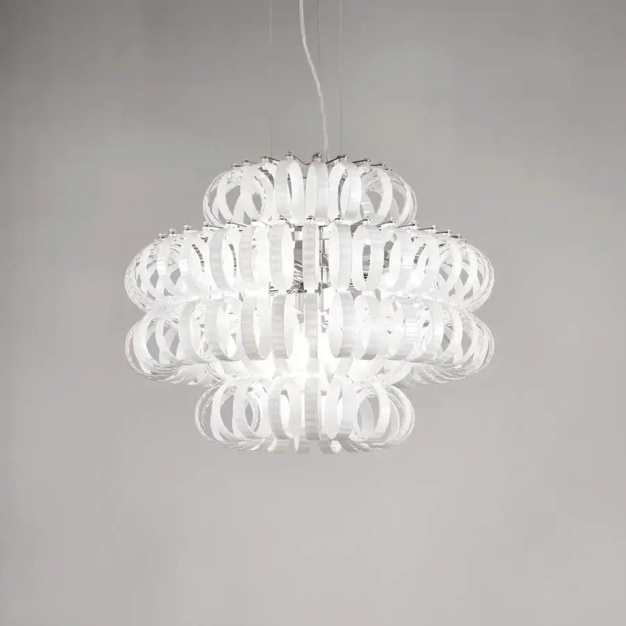 Distinguished Vistosi Ecos suspension lamp crafted in clear pale white hand-blown Murano glass with rigadin texture