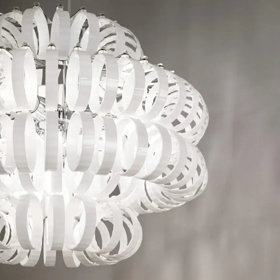 Exceptional Vistosi Ecos suspension lamp crafted in clear white hand-blown Murano glass with rigadin finish