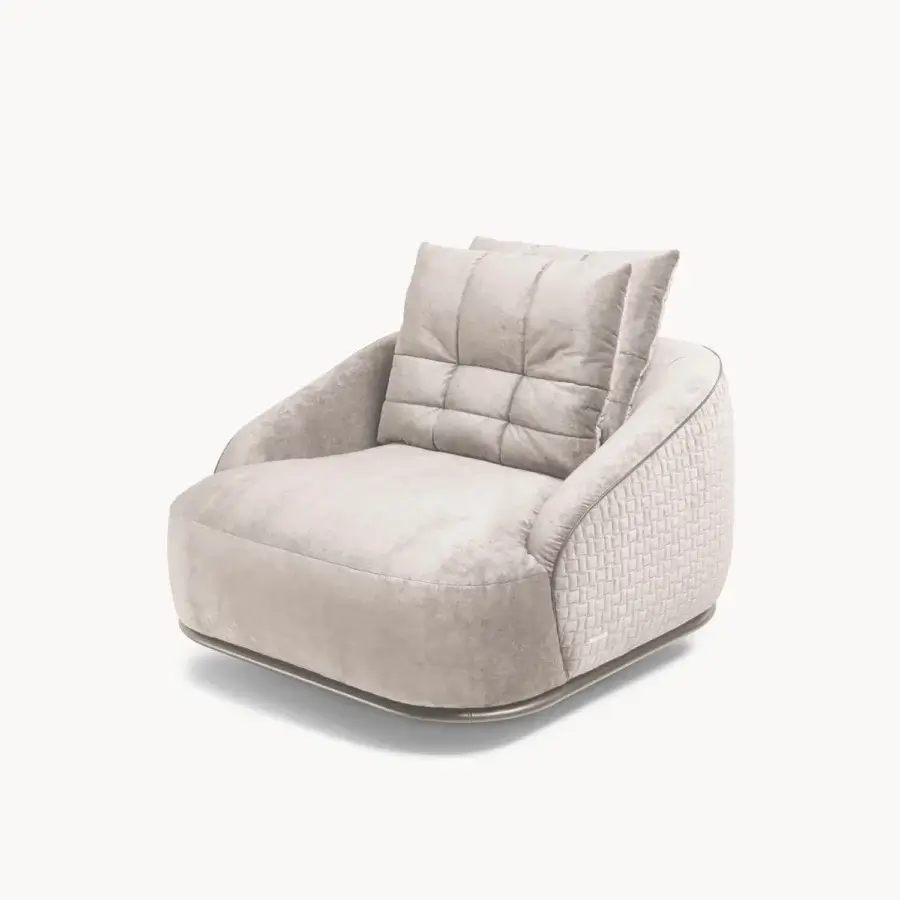 Lavish Visionnaire Holden lounge chair upholstered in richly textured matte beige textile with woven detailing and perimetral trim