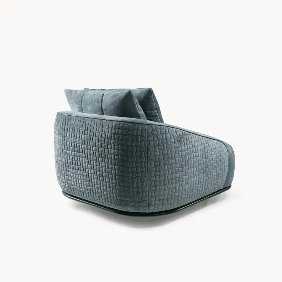 Exceptional Visionnaire Holden lounge chair with quilted blue-grey textile upholstery and perimetral trim