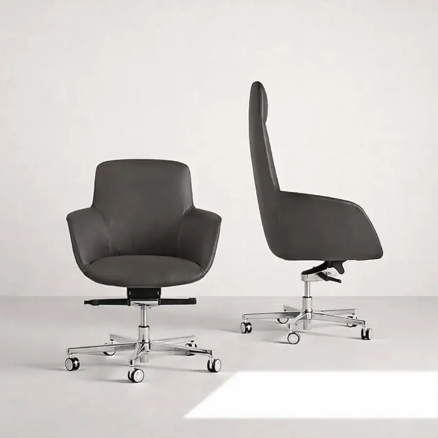 Exclusive Mea Office armchair with dark gray leather upholstery and a polished metal adjustable base