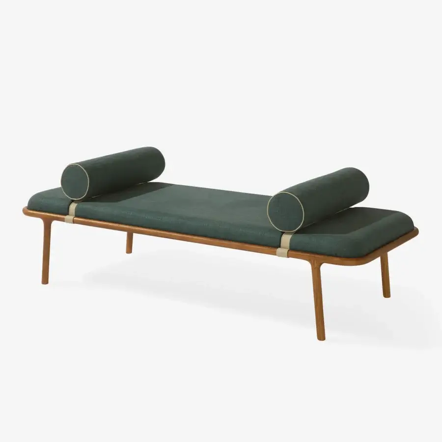 Exceptional Carpanese Home Belts bench with warm brown wood and dark green woven textile straps offering comfortable support