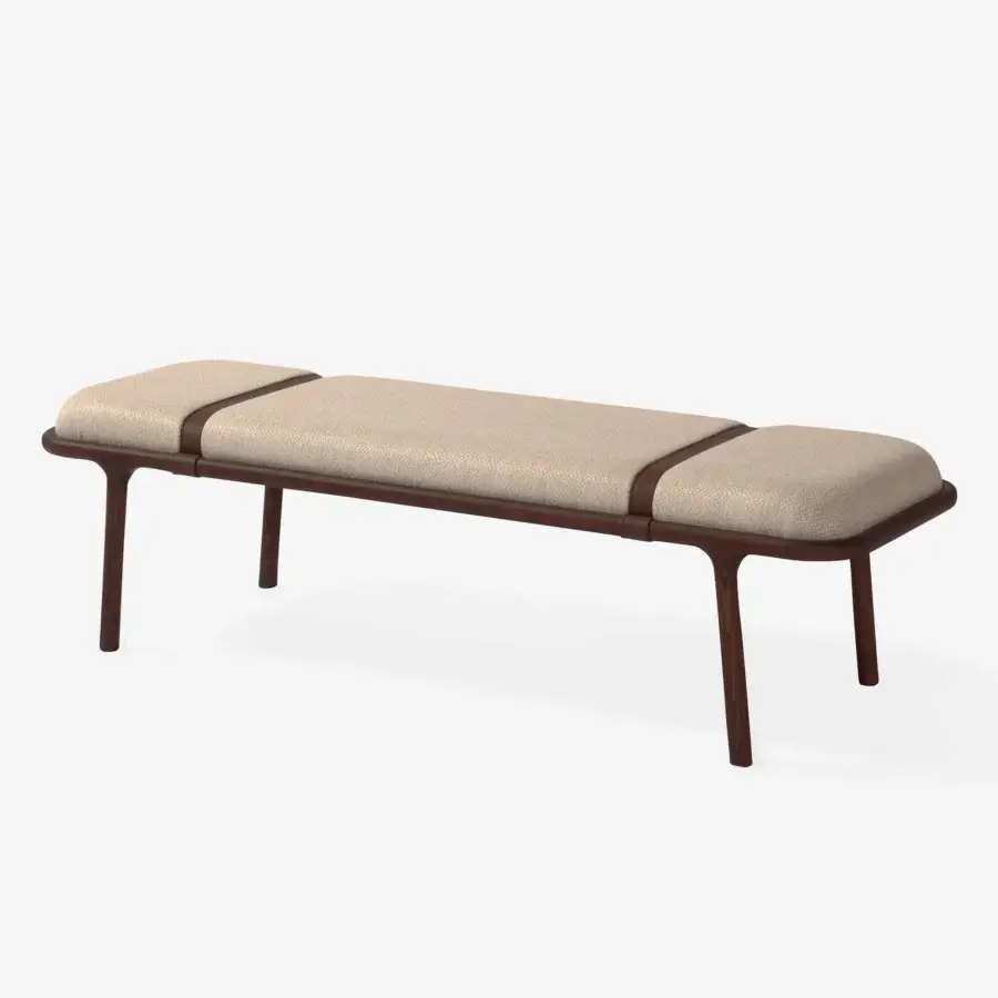 Superior Carpanese Home Belts bench built with satin-sheen wood and light beige textile upholstery accented with darker brown straps