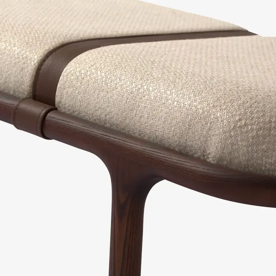 Exceptional Carpanese Home Belts bench crafted with medium-brown wood and textured beige textile upholstery with darker band detail