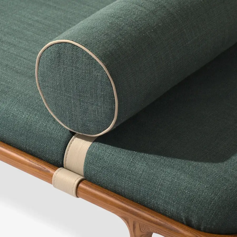 Distinguished Carpanese Home Belts bench built with warm wood and a deep teal textured cushion secured with light beige straps and satin finish