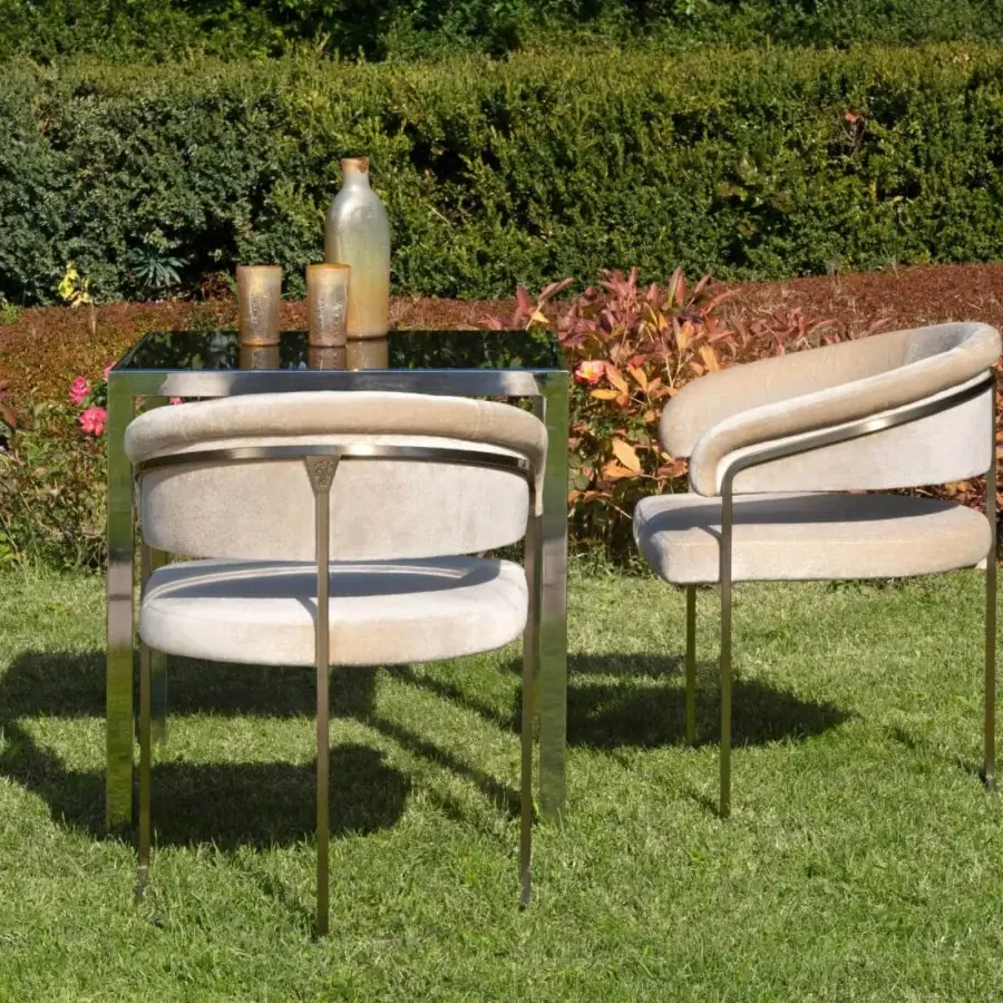 Exceptional Visionnaire Clem Outdoor armchair with squared brass pipe frame and plush light beige upholstered seating