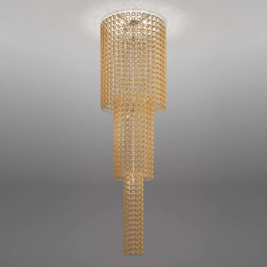 Distinguished Vistosi Giogali suspension lamp crafted with interconnected Murano glass hooks in a warm golden, brass-like hue with a satin finish