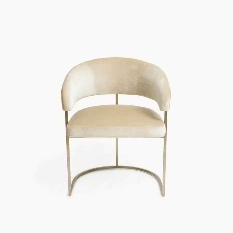 Distinguished Visionnaire Clem Outdoor armchair with a squared brass pipe frame and textured pale beige textile upholstery with satin finish