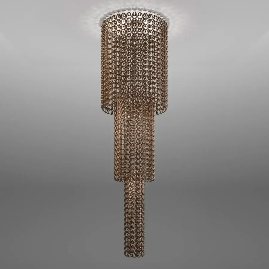 Exclusive Vistosi Giogali suspension lamp crafted in bronze with an intricate interconnected ring network and tiered silhouette