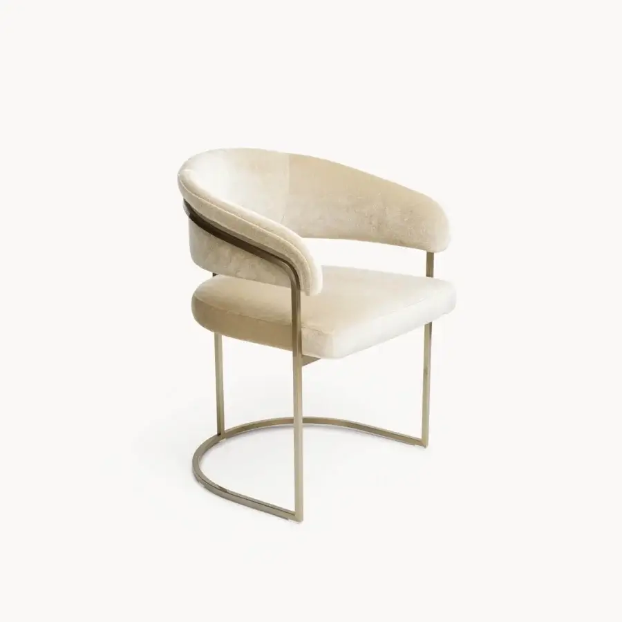 Superior Visionnaire Clem Outdoor armchair with a squared brass pipe frame and textured beige woven fabric upholstery