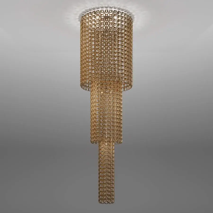 Captivating Vistosi Giogali suspension lamp crafted with interconnected Murano glass hooks in warm gold brass-like finish