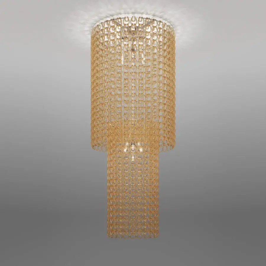 Elegant Vistosi Giogali suspension lamp crafted in golden hues with interconnected Murano glass hooks and glossy finish