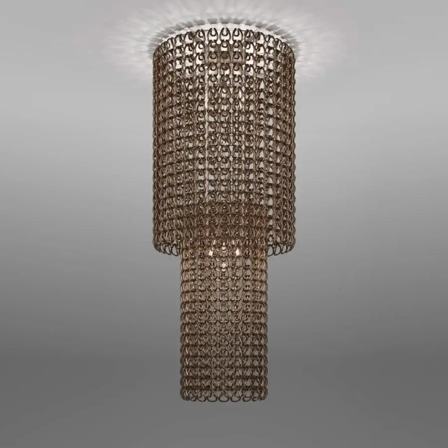 Distinguished Vistosi Giogali suspension lamp crafted with interlinked Murano glass hooks and textured metal in a warm bronze finish