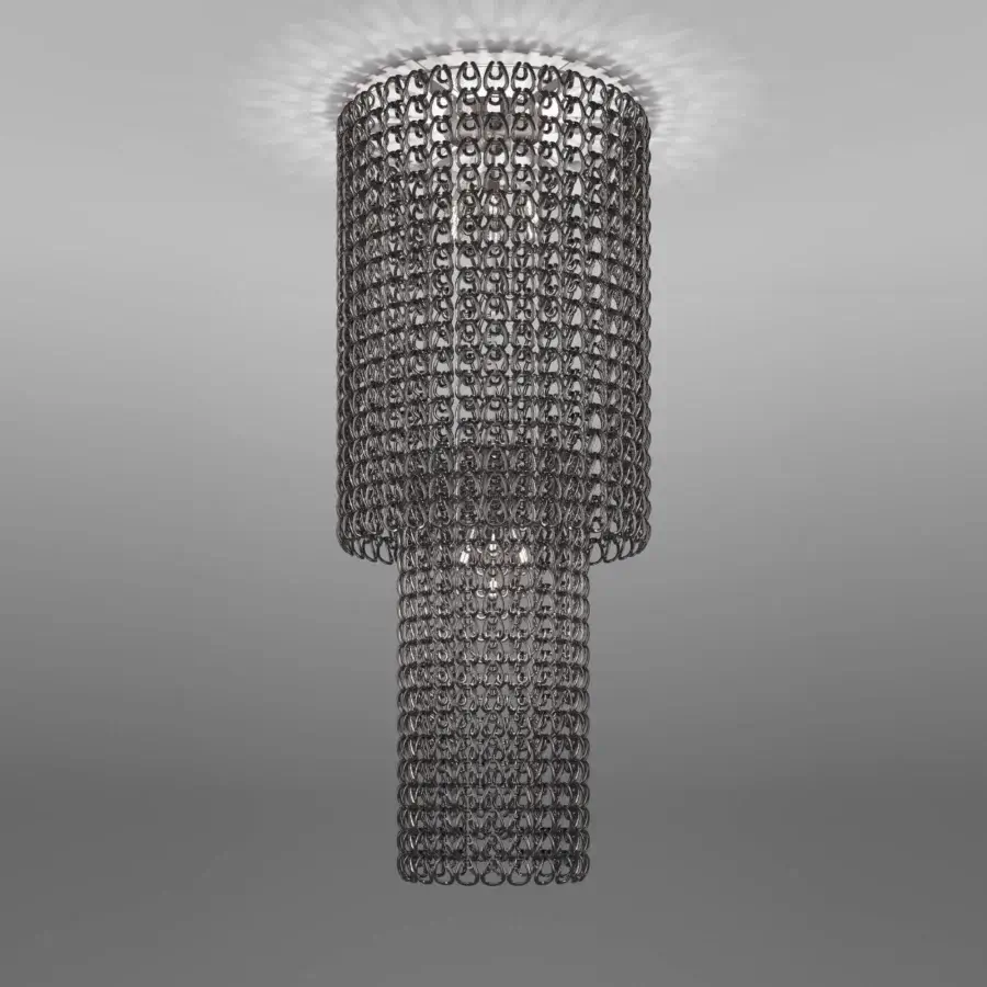Exceptional Vistosi Giogali suspension lamp handcrafted with a shimmering reticular tissue of Murano glass within a gunmetal gray metal structure