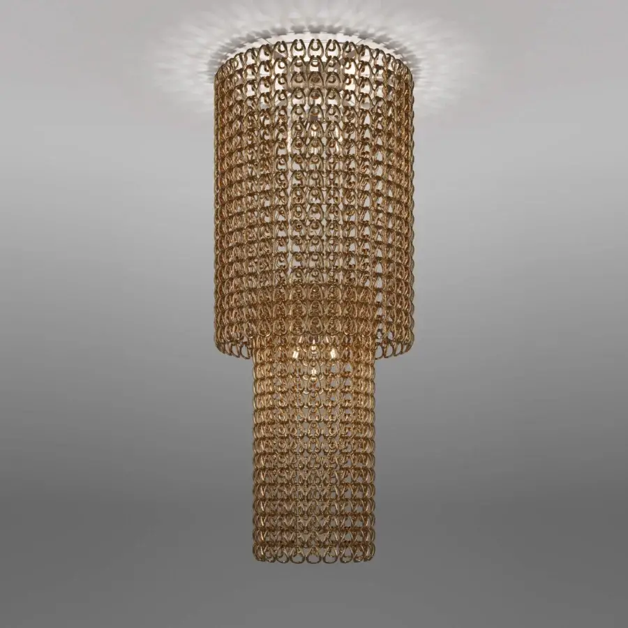 Superior Vistosi Giogali suspension lamp crafted in golden metal with interconnected Murano glass elements