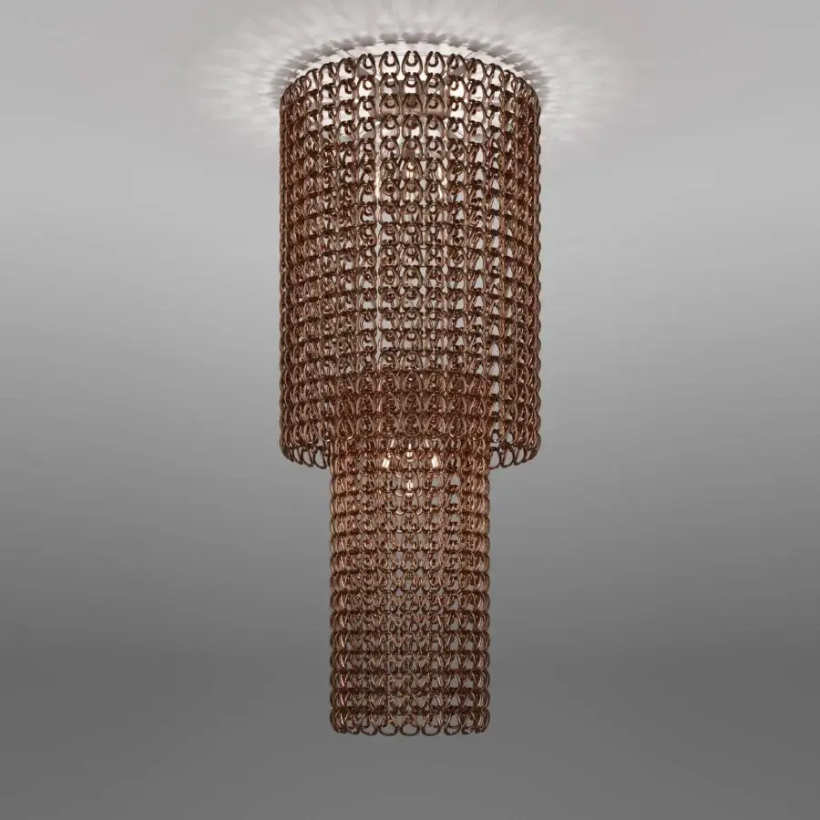 Elegant Vistosi Giogali suspension lamp crafted in bronze-toned metal with an intricate hourglass silhouette and openwork structure