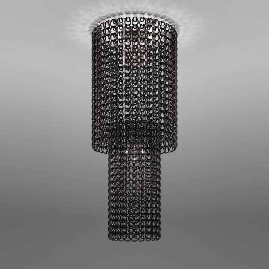 Distinguished Vistosi Giogali suspension lamp crafted in dark gray metal with interconnected ring-like elements forming a textured silhouette