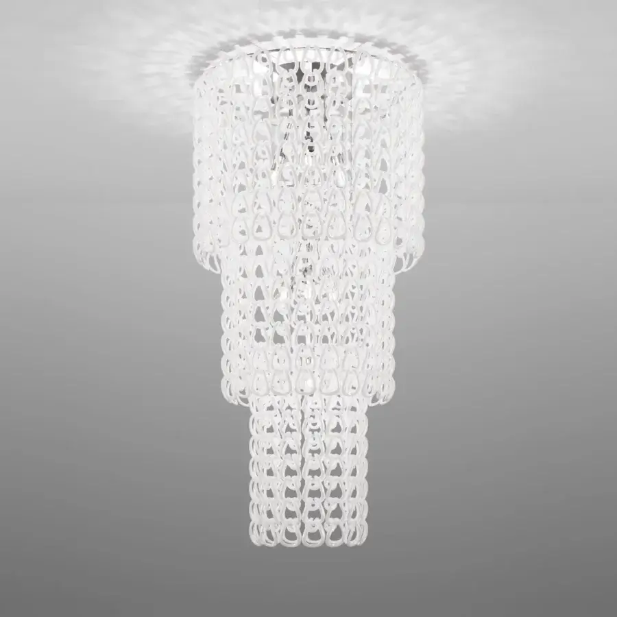 Exceptional Vistosi Giogali suspension lamp handcrafted with interlinked Murano glass hooks in a luminous white finish