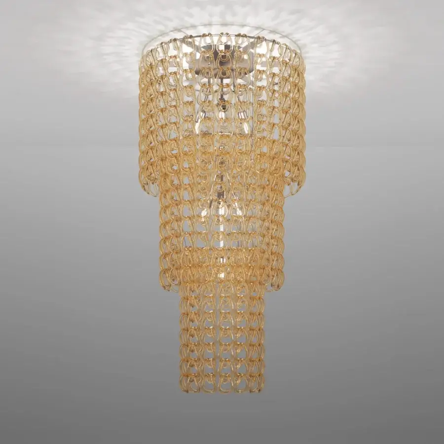 Superior Vistosi Giogali suspension lamp crafted with interlinked Murano glass hooks and polished golden metal finish