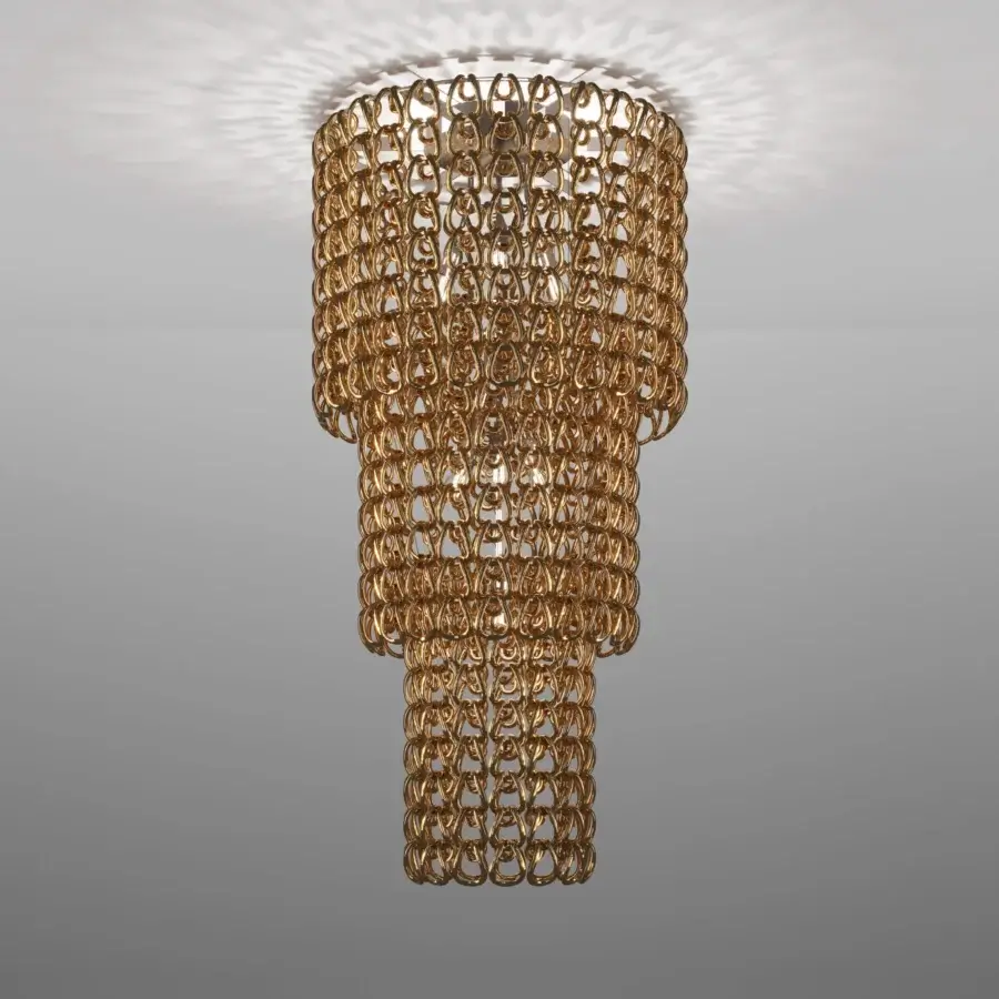 Lavish Vistosi Giogali suspension lamp handcrafted with interconnected Murano glass hooks and textured gold tone metal frame