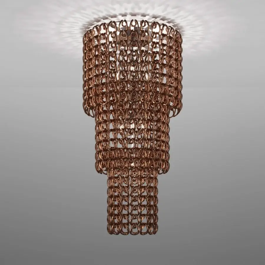 Distinguished Vistosi Giogali suspension lamp crafted in reddish-brown metal with textured bronze finish and interconnected Murano glass hooks