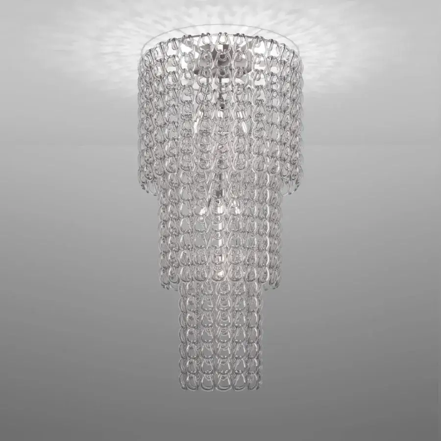 Exceptional Vistosi Giogali suspension lamp crafted in interconnected Murano glass with a glossy, transparent openwork pattern