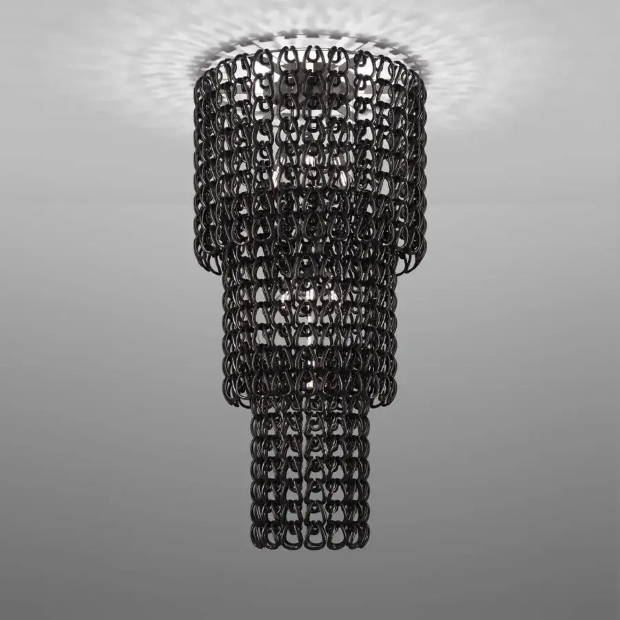 Superior Vistosi Giogali suspension lamp crafted in interconnected Murano glass with a deep black finish and intricate cage-like structure